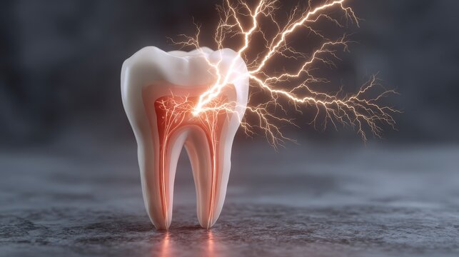A 3D rendered cross-section of a tooth, being struck by a lightning bolt, showcasing the inner pulp chamber