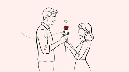 The Romantic Gesture: A gentleman offers a single, radiant red rose to a lovely lady, capturing a sweet moment of affection and courtship.
