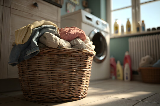 Wicker basket with dirty clothes near washing machine in laundry room