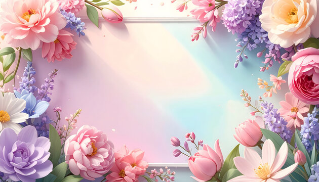 Floral pastel frame with pink and purple blossoms on soft gradient background