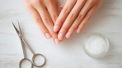 Natural nail care routine by cutting and cleaning nails.