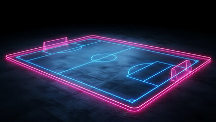 Futuristic neon glowing soccer or football field outline on a dark, abstract background.