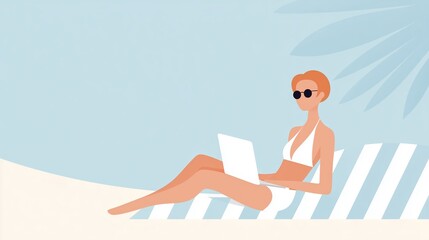 Woman in swimsuit relaxing on a beach chair, using a laptop under palm trees, enjoying a sunny day, representing remote work and leisure lifestyle with copy space