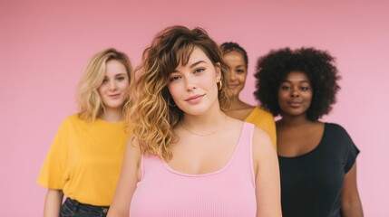 Group of diverse women standing together in front of a pink background, showcasing confidence and friendship, representing empowerment and unity among different body types and styles