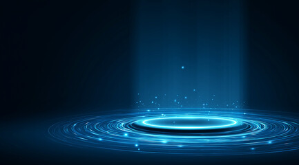 Abstract Futuristic Blue Technology Background with Glowing Podium and Hologram Elements