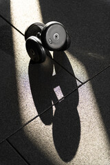 Close Up Stacked 5kg Dumbbells in Dappled Sunlight