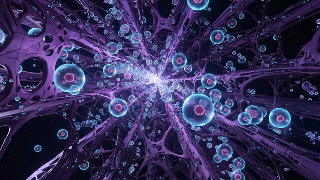 Multicellular Organisms, Vibrant Abstract Network of Colorful Cells and Molecules in Intricate Cosmic Environment