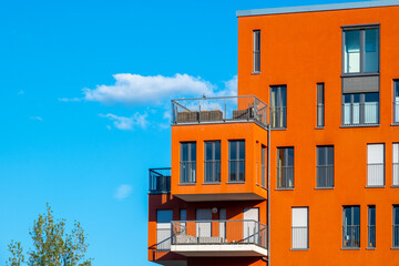 Modern apartment building fragments urban residential area windows balconies architecture new apartments urban housing blue sky real estate investment exterior, property development