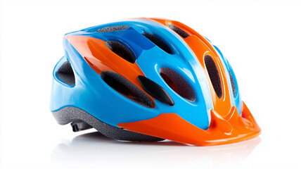 Bright and cheerful colored children's bicycle helmet on a white background.
