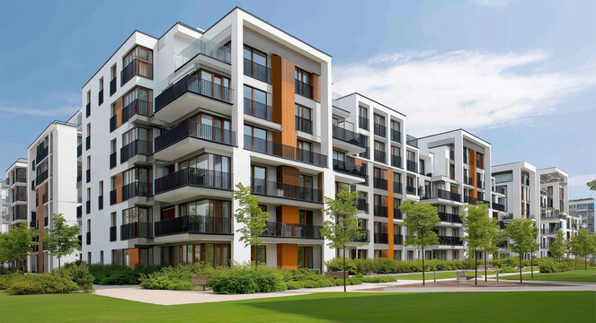 Modern Apartment Buildings with Glass Facades, Balconies, and Terraces