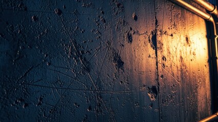 Dark blue metallic surface with copper pipes and scratches