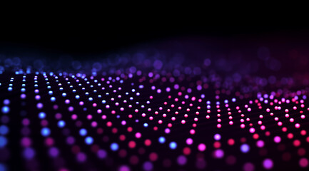 Abstract Digital Landscape with Glowing Neon Pink and Blue Dot Grid on Dark Background