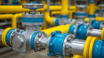 Close-up of metallic valves and yellow pipes, part of a complex industrial system, for fluid control