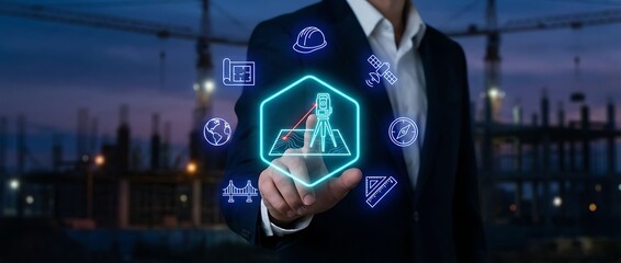 Businessman interacting with digital construction icons in modern workspace