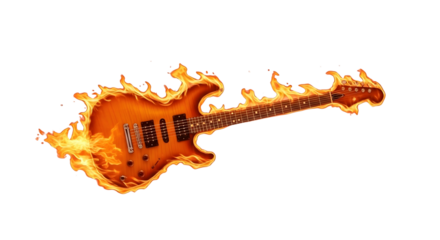 Electric guitar engulfed in flames, a symbol of passion and raw musical energy