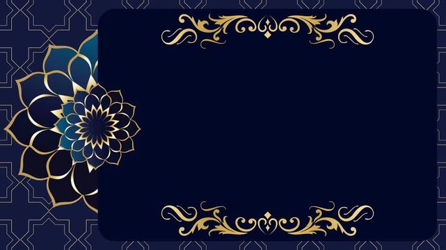 Luxurious animated Islamic, Arabic blue background with mandala, gold frame, and arabesque pattern and copy space
