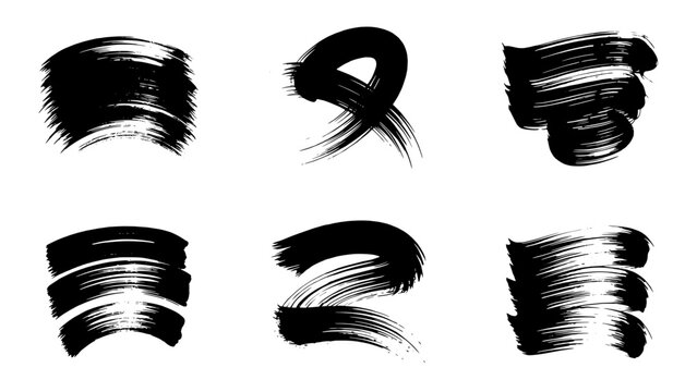 Six bold black brush stroke shapes in a 3x2 grid &ndash; hand-painted ink icons for graphic design