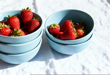 Fresh ripe strawberries in light blue ceramic bowls. Healthy summer fruit snack on a white tablecloth. Still life with natural sunlight and shadows