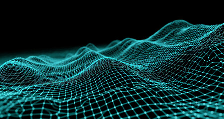Abstract Teal Digital Grid Waves on Dark Background Representing Futuristic Technology and Data