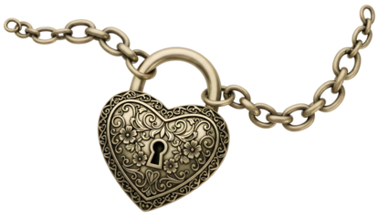 Golden heart shaped padlock on a chain isolated on transparent background