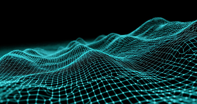 Abstract Teal Digital Grid Waves on Dark Background Representing Futuristic Technology and Data - Powered by Adobe