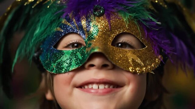 Joyful child in vibrant Mardi Gras mask with glitter and feathers