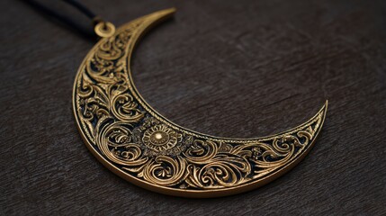 A close-up shot of an intricately detailed golden crescent moon pendant on a dark, textured wooden surface