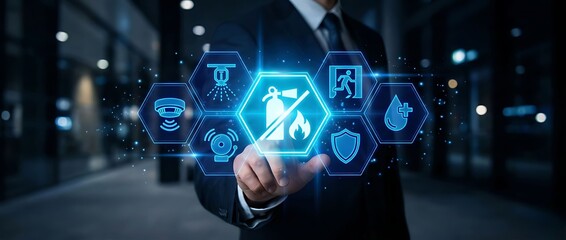 Businessman interacting with futuristic safety icons in a modern office