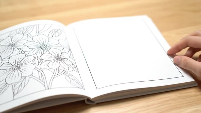 Hand flipping through a floral pattern adult coloring book on a wooden table