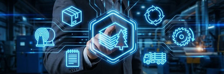 Businessman interacting with futuristic supply chain management interface in industrial setting