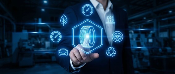 Businessman interacting with futuristic tire technology interface in modern industrial setting