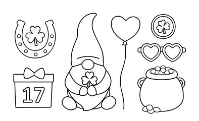 St. Patrick's Day element coloring pages with template set.
Includes gnome, clover, money pot, gold coins, horseshoes, gift box, party glasses and balloons.