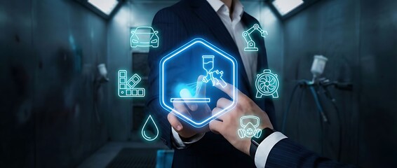 Businessman interacting with futuristic technology interface in industrial setting