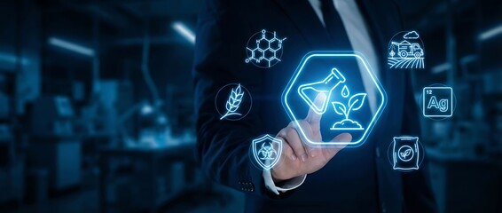 Businessman interacting with futuristic agricultural technology interface in modern lab