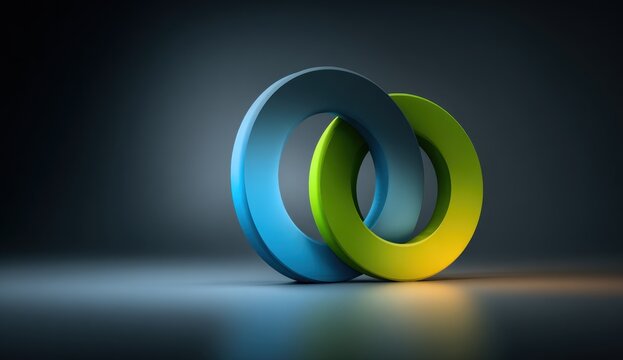 Abstract interlocking rings with blue and green colors on dark background
