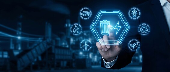 Businessman interacting with sustainable energy icons in modern industrial setting