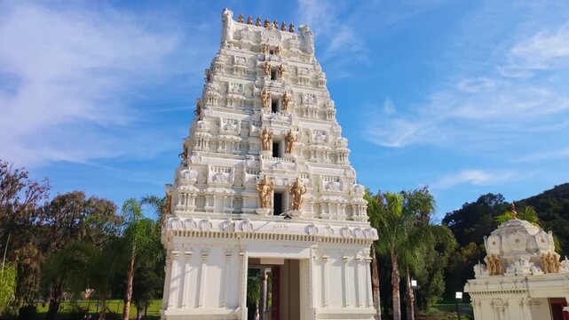 Scenic view of the Malibu Hindu Temple building set against hillside surroundings in Calabasas California