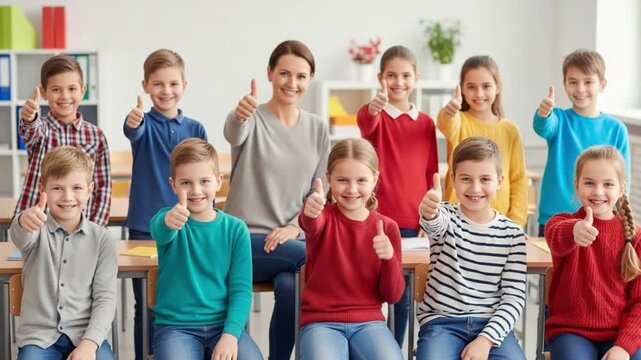 Smiling children and teacher giving thumbs up in classroom setting together