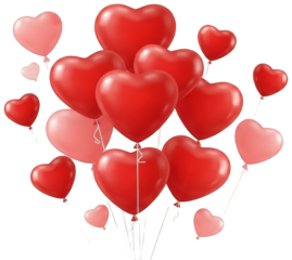 A vibrant collection of glossy, inflated heart-shaped balloons, primarily in a rich crimson red with a few pale blush pink variations, gracefully floats and, isolated on transparent background.