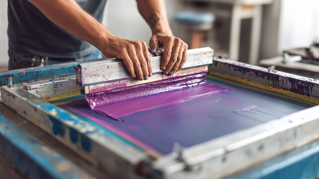The t-shirt screen printing process is in progress, ink is being applied to the screen and the work area is being cleaned.