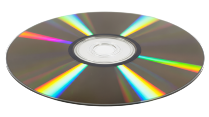 Digital Storage Medium: A close-up shot of a CD, showcasing its reflective surface and rainbow hues, representing digital information storage.