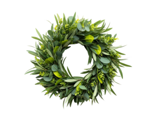 Green Wreath of Nature's Embrace: a lush, circular wreath composed of various verdant leaves and foliage, exuding freshness and natural elegance.