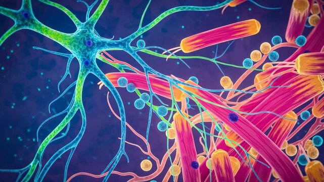 Multicellular Organisms, Colorful Microscopic Interaction of Neurons and Bacteria Showcasing Intricate Biological Structures