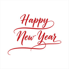 Happy New Year red cursive calligraphy with decorative double swash, vector illustration on white background
