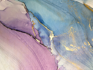 Abstract blue with pink hand made aquarelle background. Beautiful watercolor artwork made with gold and alcohol ink. Blue watercolor fluid art texture resembles marble, water, ocean, sea, air, flow.