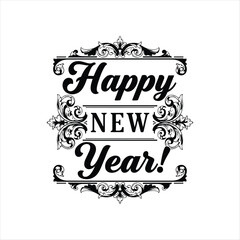 Happy New Year message with classic ornamental scroll frame, vector illustration on white background