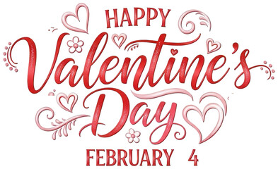Elaborate, decorative, and vibrant digital artwork showcasing the phrase "Happy Valentine's Day" in a stylized, cursive font with intricate floral and heart, isolated on transparent background.