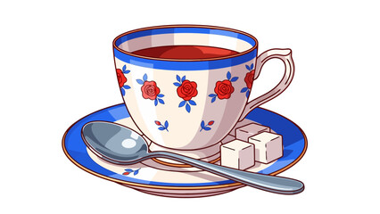Cup of tea with sugar cubes and spoon on saucer, traditional beverage, 