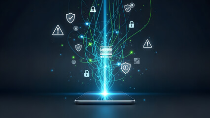 Conceptual cybersecurity illustration of mobile network with alert icons