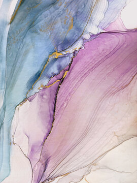 Abstract blue with pink hand made aquarelle background. Beautiful watercolor artwork made with gold and alcohol ink. Blue watercolor fluid art texture resembles marble, water, ocean, sea, air, flow.